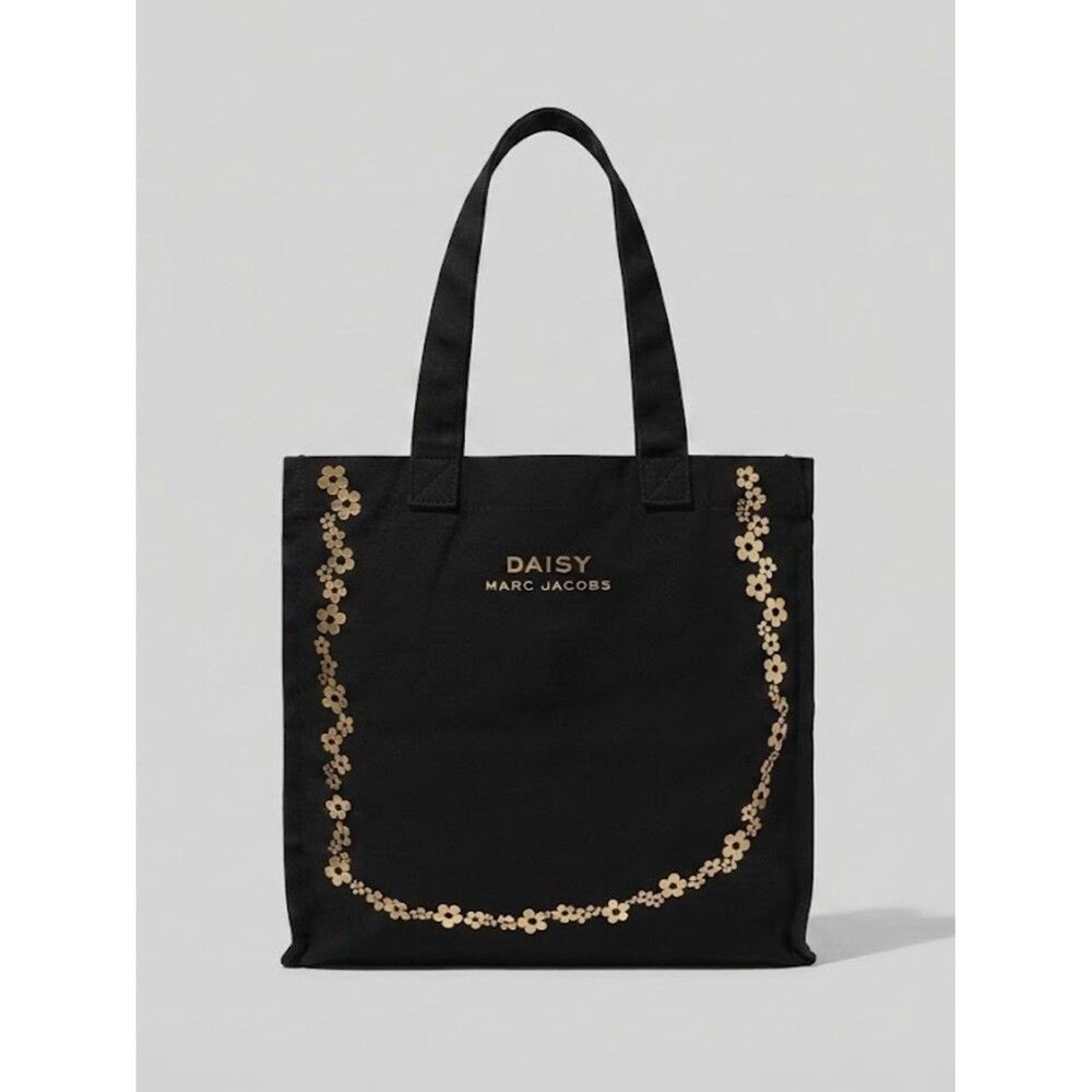 Daisy Marc Jacobs Black Canvas Tote Metallic Gold Logo, Floral Print Casual Chic